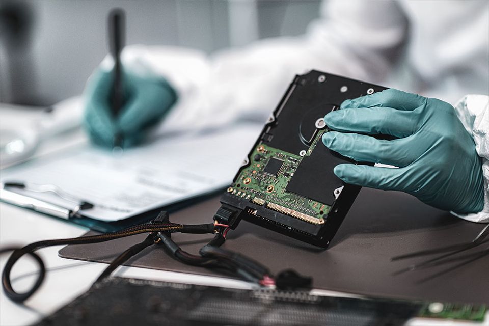 Forensic investigator examining a hard drive during a cyber incident response. 